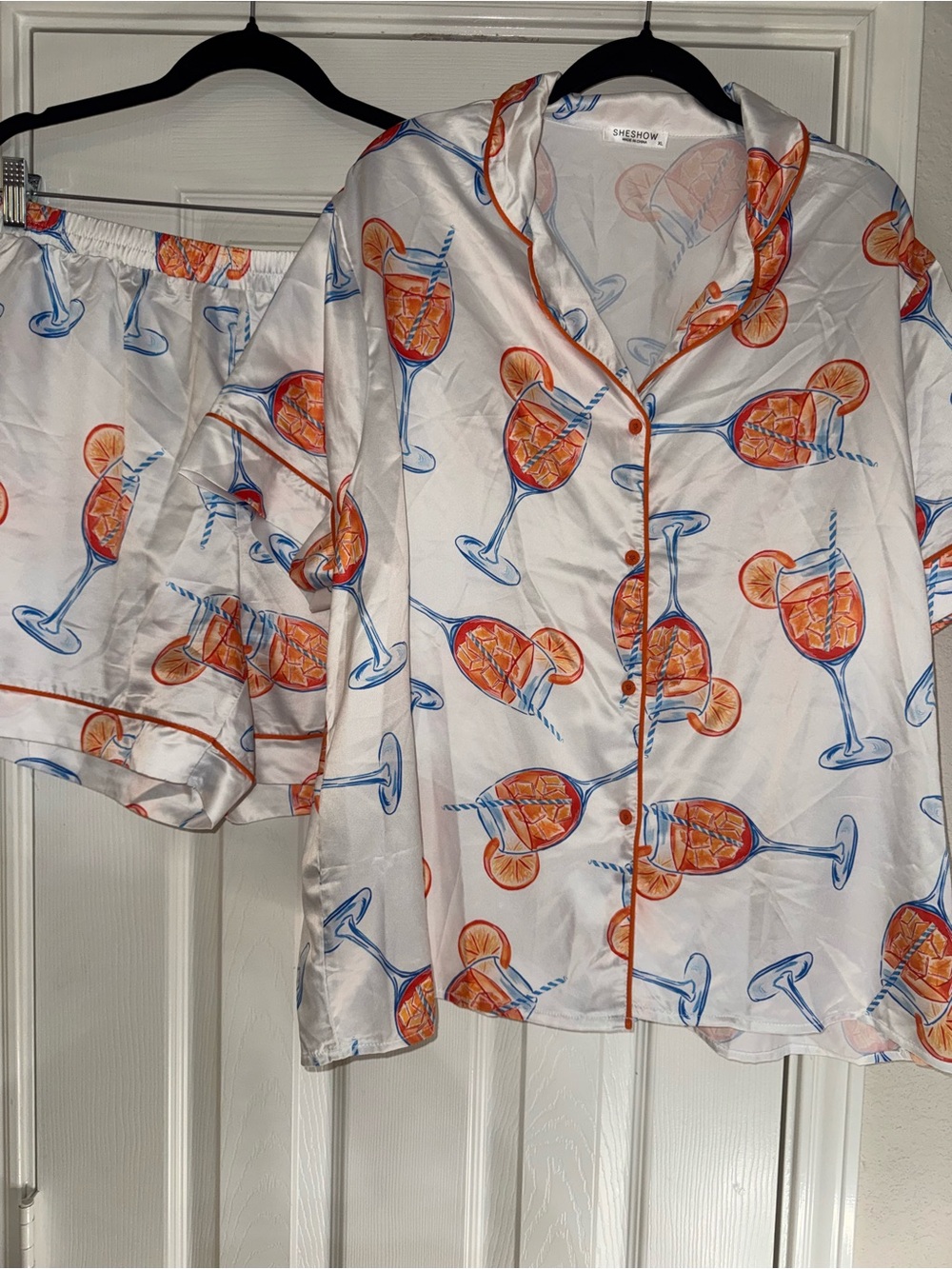 White Cocktail Print Satin Feel Pajama Set